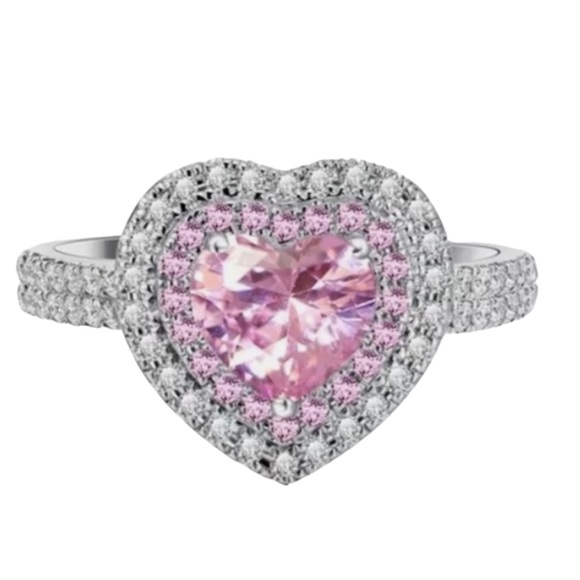 925 Silver Pink Heart Ring - Picture 1 of 9